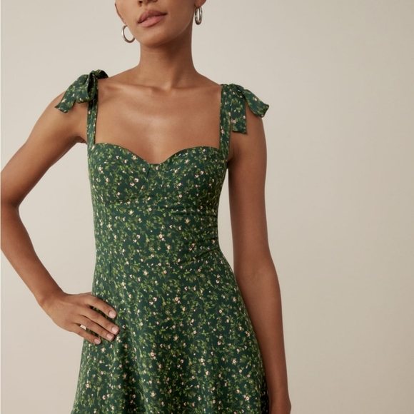 Green Floral Sweetheart Neck Chiffon Dress with Ribbon Straps - Picture 16 of 16